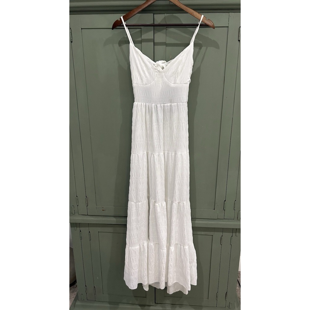 Long Tiered Solid White Maxi Dress Size S Smocked Bow Back Beach Bridal Resort
